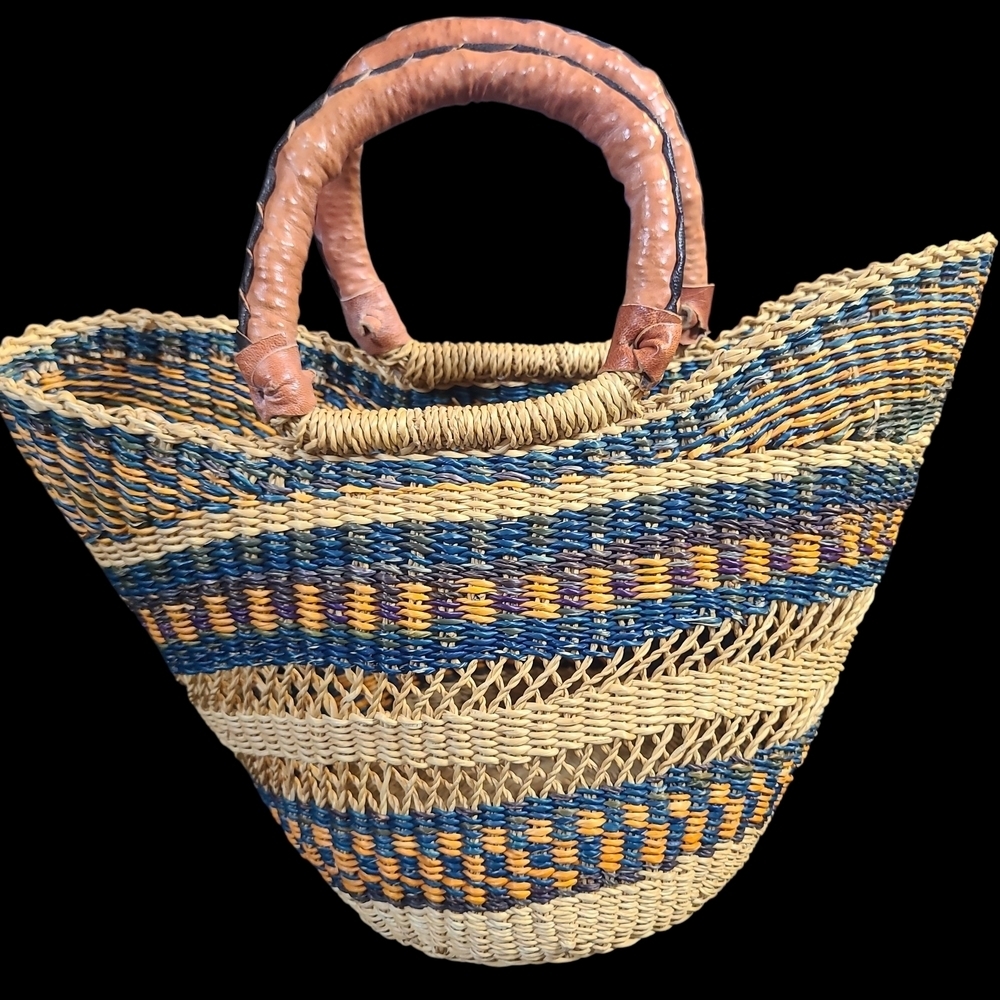 Hand Crafted Blue, Yellow & Natural Woven Straw Tote with Leather Handles